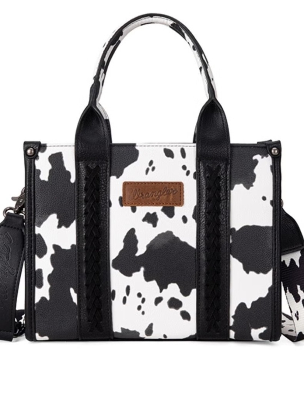 Wrangler Black and White Cow-Print Tote with Braided Trim